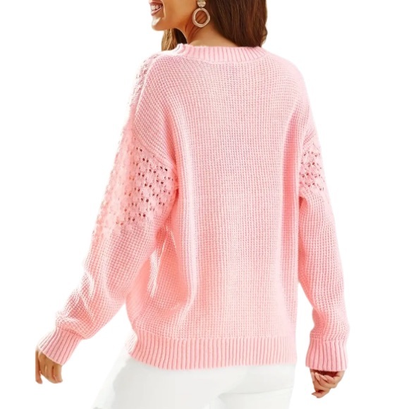 NEW Pointelle Knit Long Sleeve Crew Neck Semi-Sheer Sweater Pink Small - Picture 5 of 7